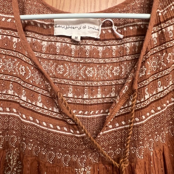 Daughters of India Mishka Mini Dress Chai Size Medium Boho Puff Sleeve Cotton - Picture 2 of 13